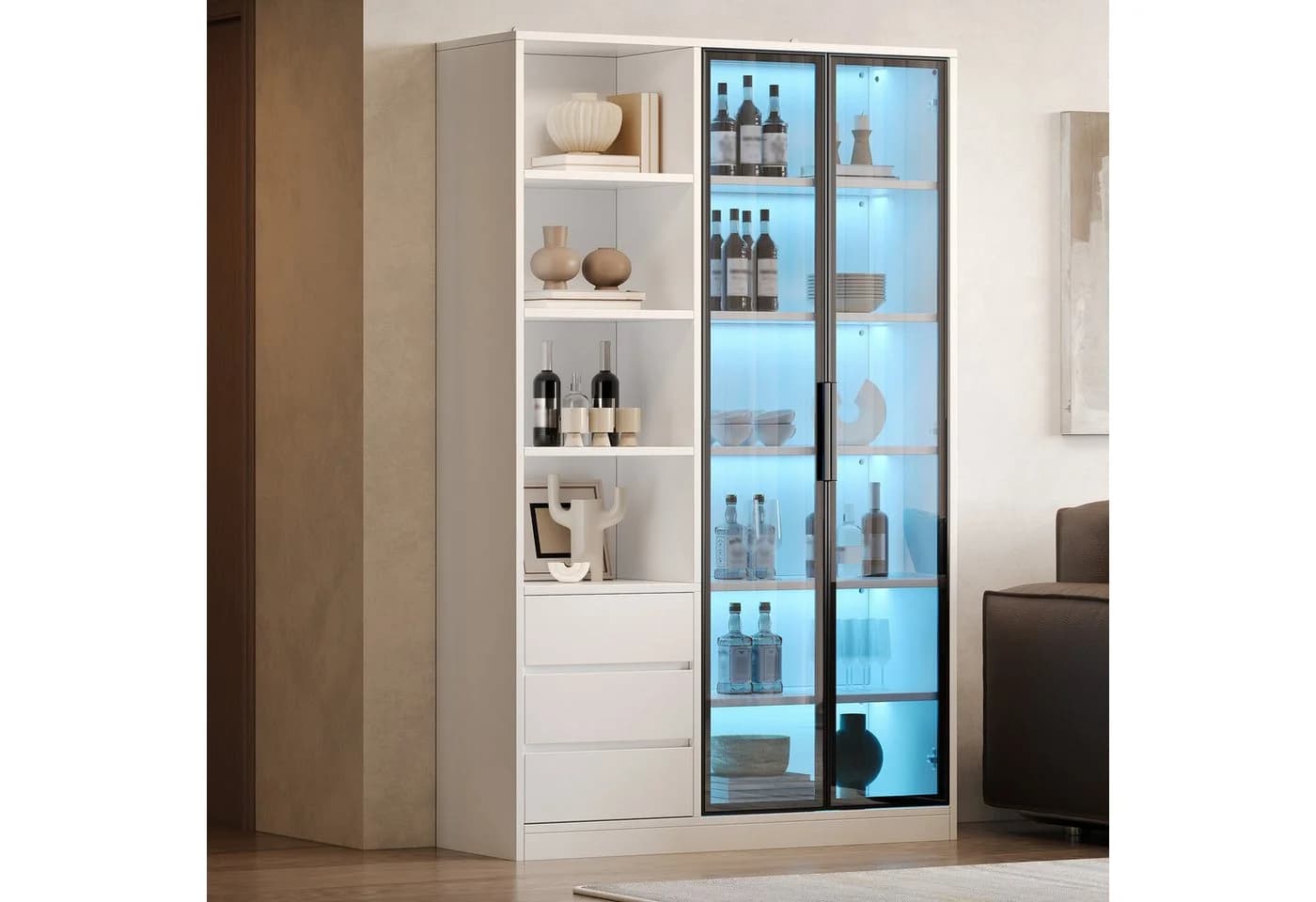 Merax Vitrine Hochschrank mit LED-Beleuchtung und Glastüren Weiß - Bild 4