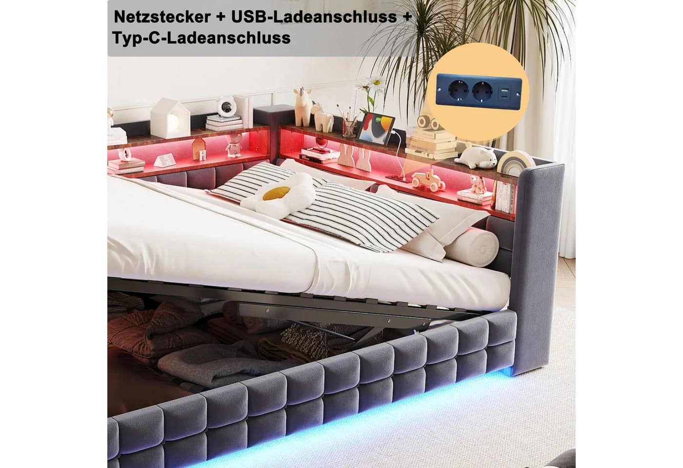 Merax Polsterbett 140x200 Samt Grau LED USB - Bild 5