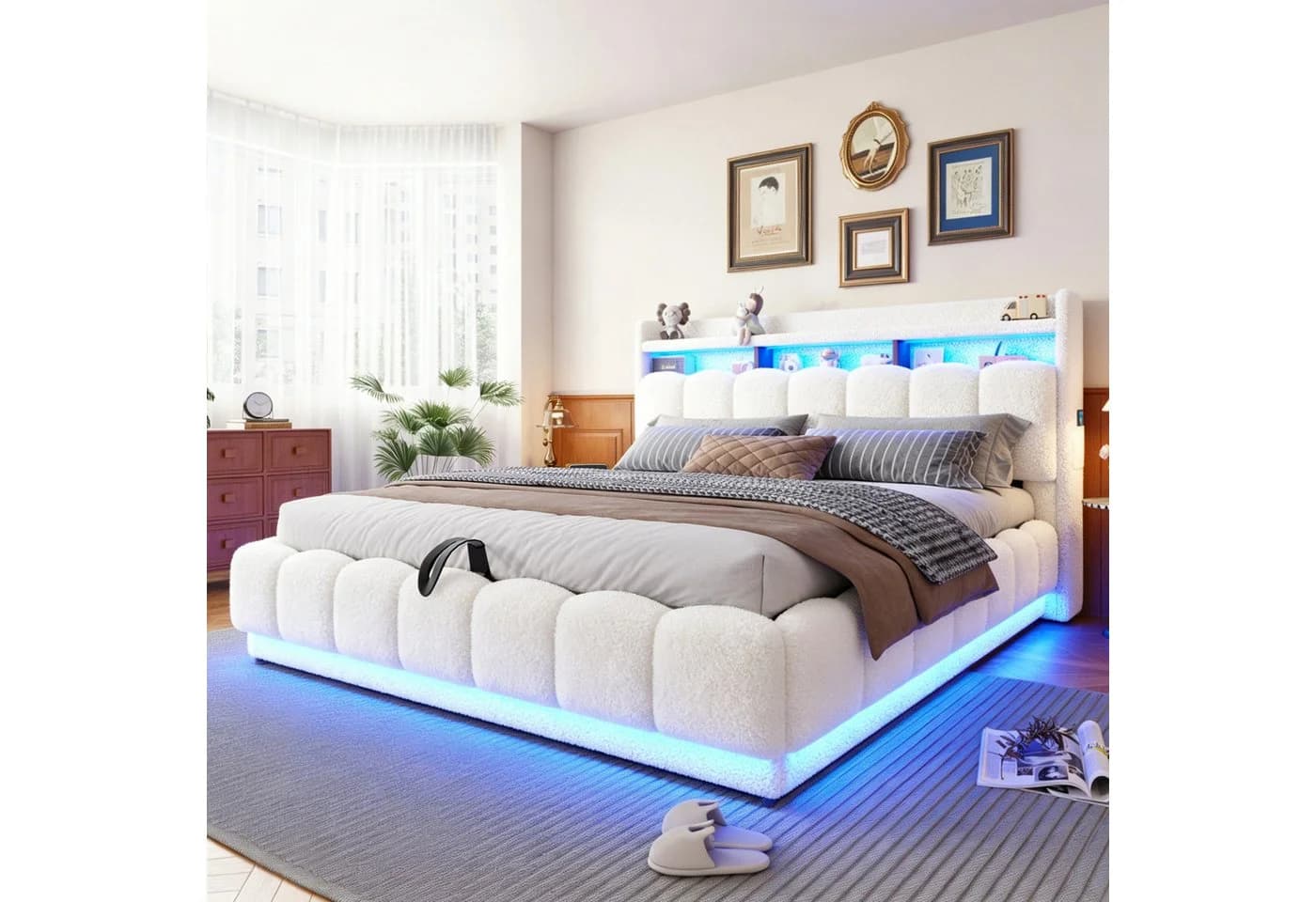 Merax Polsterbett 180x200 mit LED, USB, Lammfellstoff
