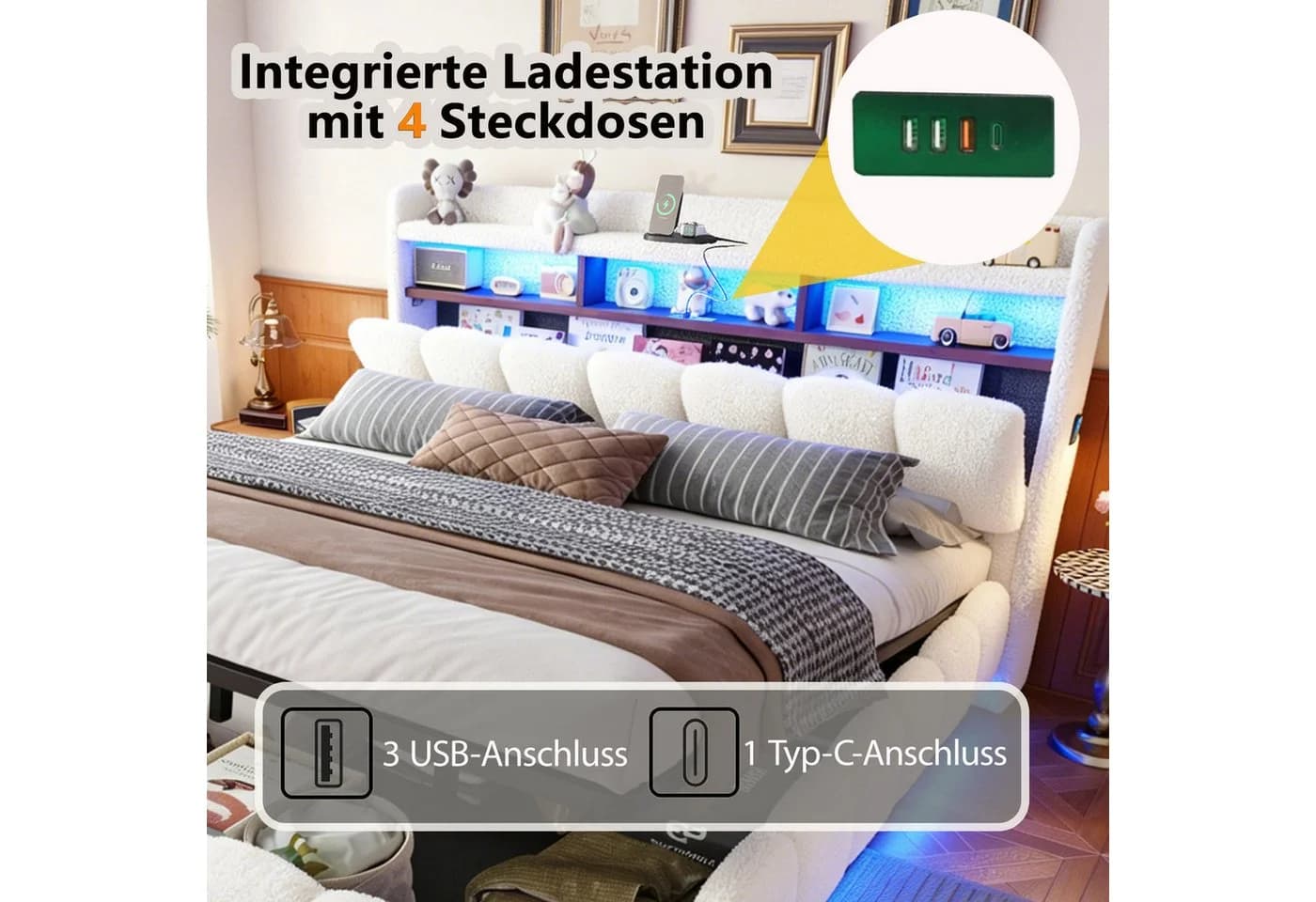 Merax Polsterbett 180x200 mit LED, USB, Lammfellstoff - Bild 5