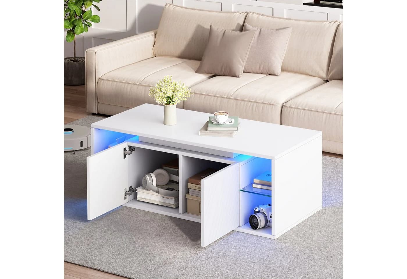 Merax Couchtisch Weiß mit LED-Beleuchtung und USB-Anschluss