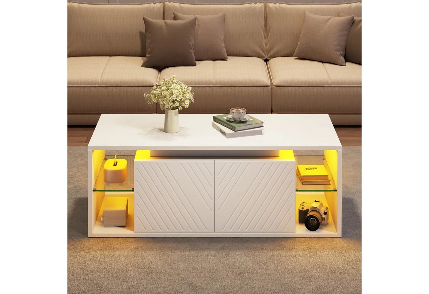 Merax Couchtisch Weiß mit LED-Beleuchtung und USB-Anschluss - Bild 2
