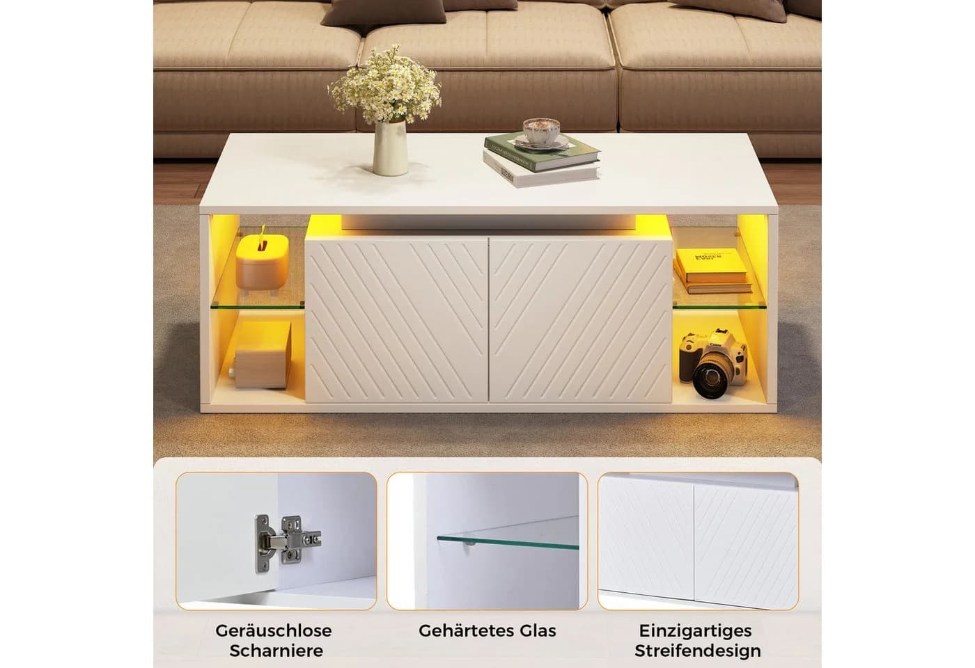 Merax Couchtisch Weiß mit LED-Beleuchtung und USB-Anschluss - Bild 5