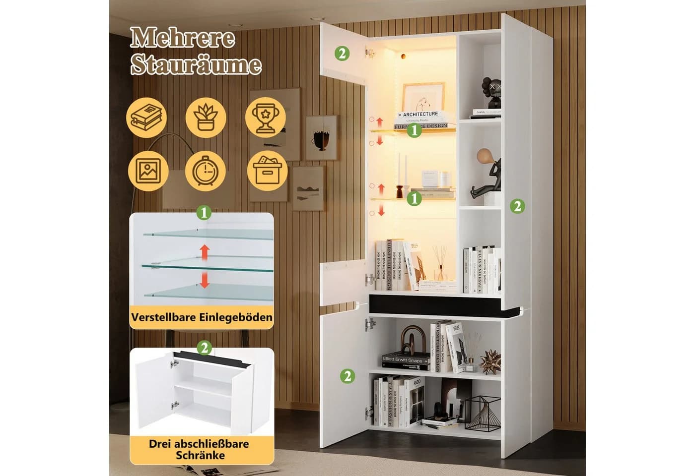 Merax Glasvitrine mit LED-Beleuchtung und Hochglanzfront - Bild 4