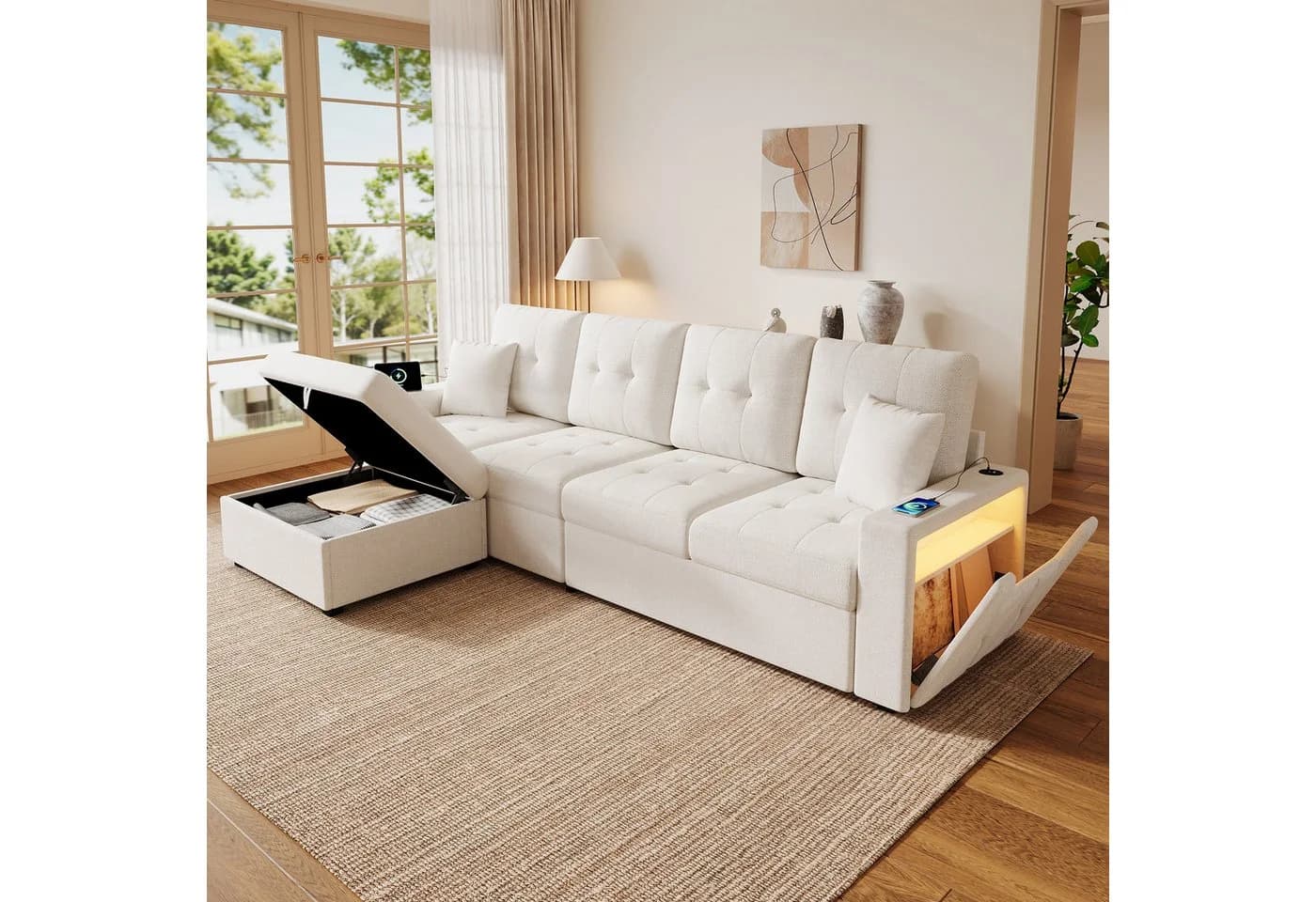 Merax L-Sofa 4-Sitzer mit Hocker, LED, USB & Type-C, Leinenbezug