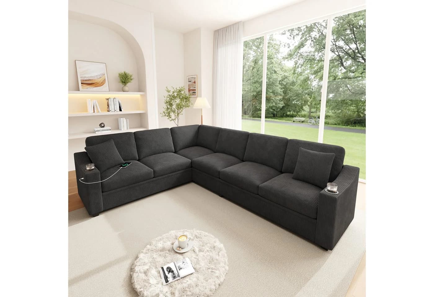 Merax Ecksofa L-förmig Cordstoff Grau/Beige mit USB & Type-C