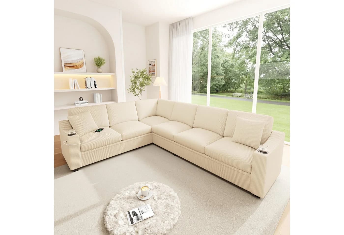 Merax Ecksofa L-förmig Cordstoff Beige Grau USB Type-C