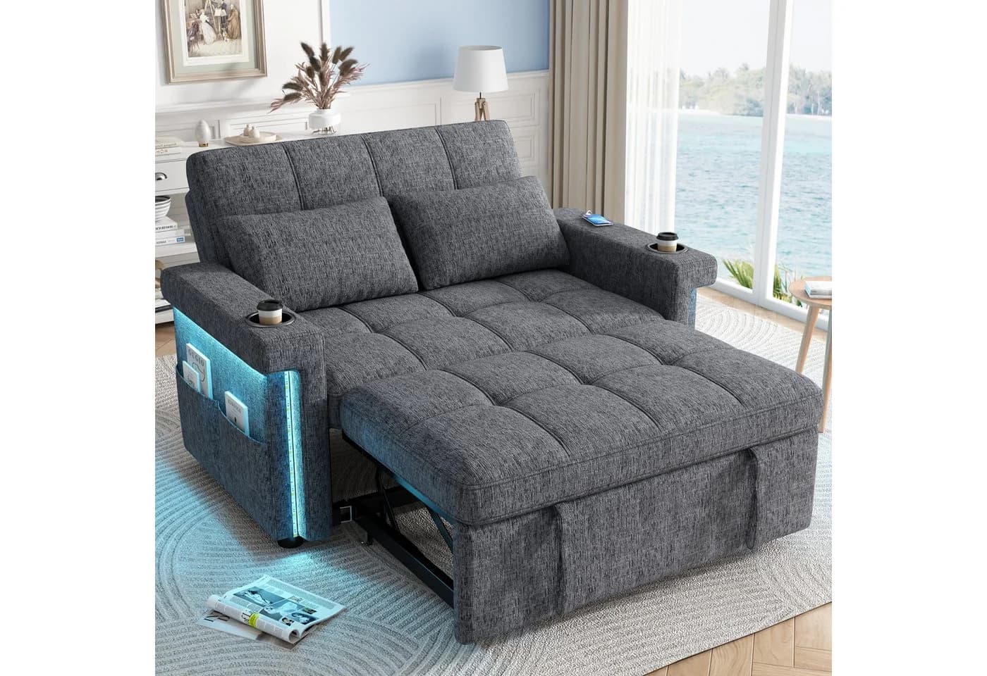 Merax Schlafsofa 2-Sitzer Beige/Grau mit Schlaffunktion, LED & USB - Bild 4