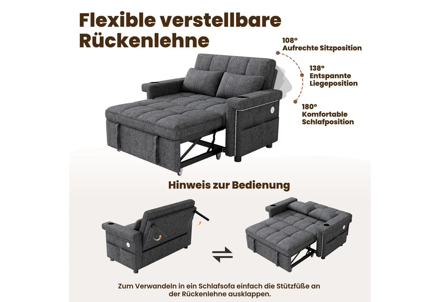 Merax Schlafsofa 2-Sitzer Beige/Grau mit Schlaffunktion, LED & USB - Bild 5