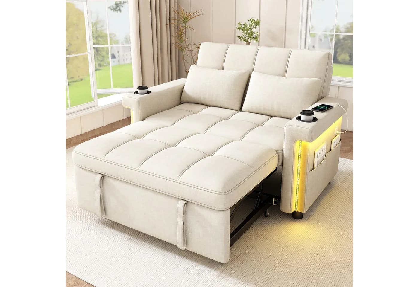 Merax Schlafsofa 2-Sitzer Beige/Grau mit Schlaffunktion, LED & USB - Bild 2