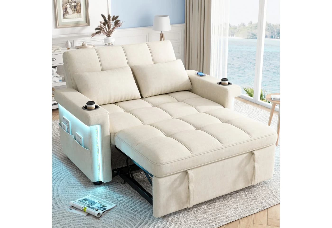 Merax Schlafsofa 2-Sitzer Beige/Grau mit Schlaffunktion, LED & USB - Bild 4