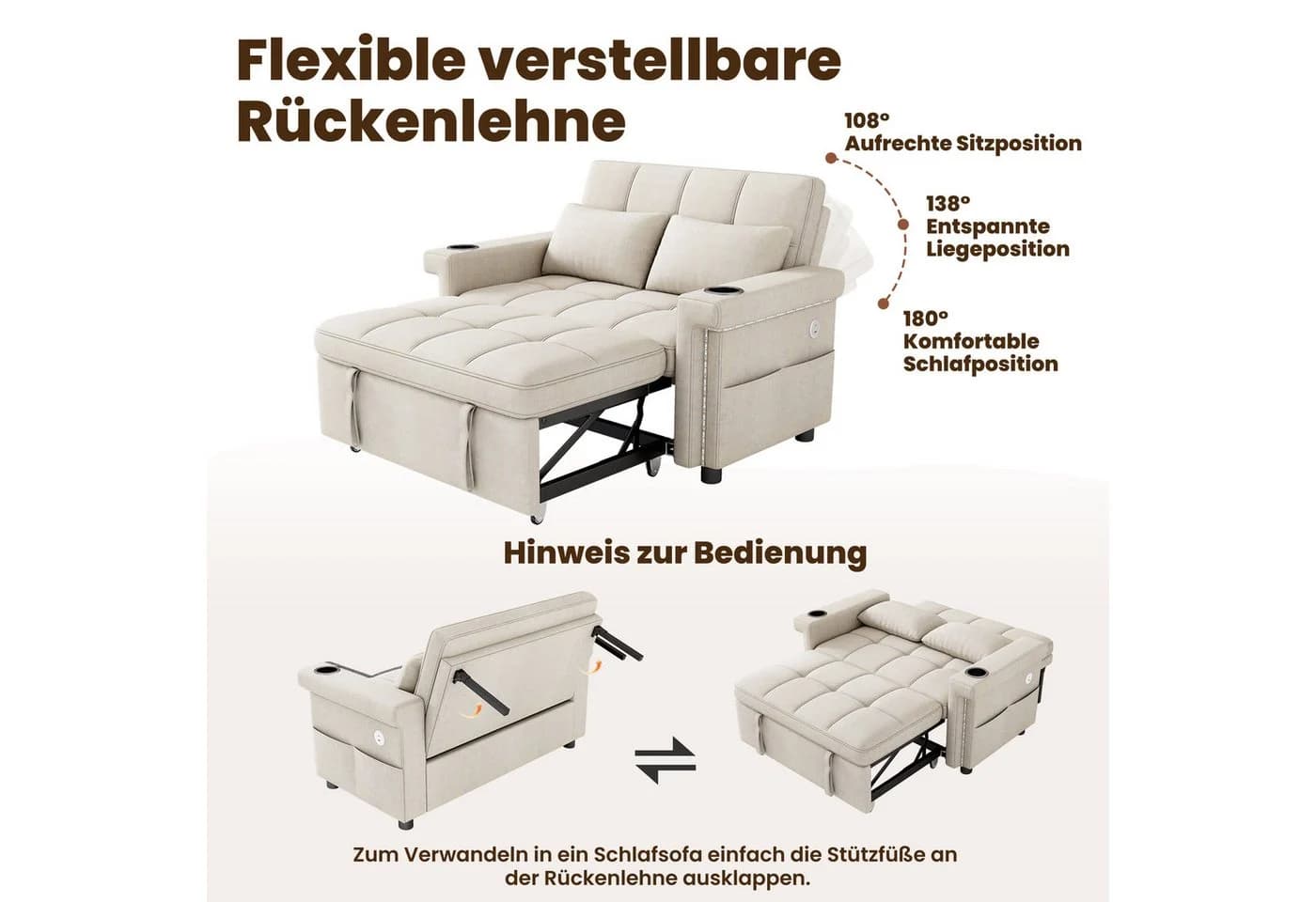 Merax Schlafsofa 2-Sitzer Beige/Grau mit Schlaffunktion, LED & USB - Bild 5