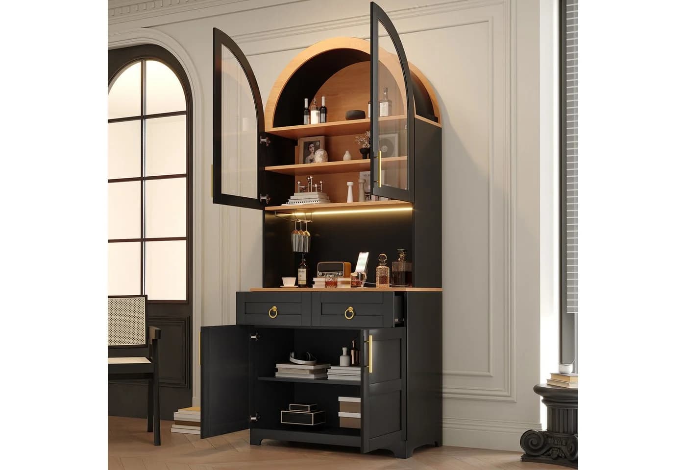 Merax Hochschrank mit LED, USB & Steckdose, Bogen-Sideboard Schwarz