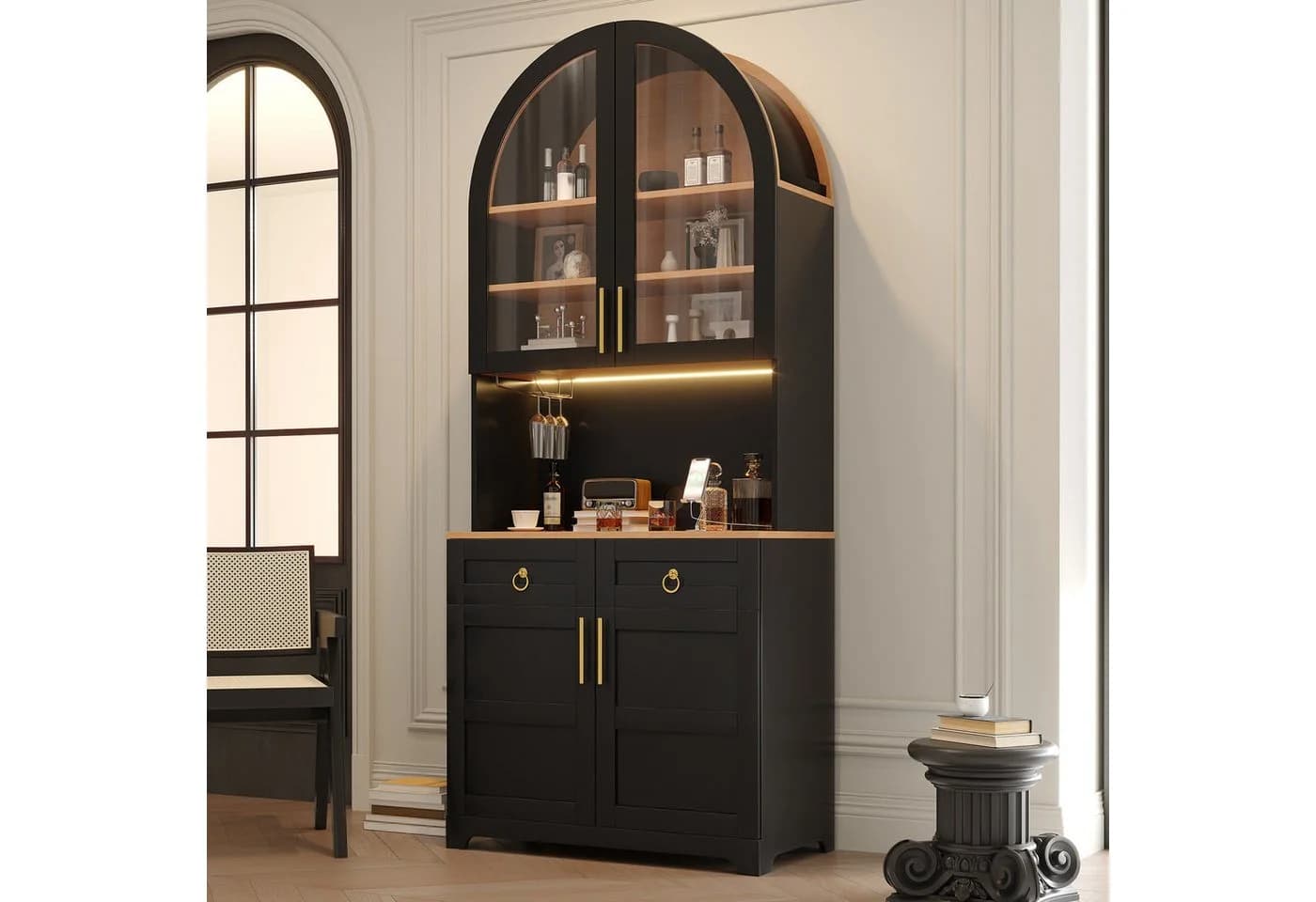 Merax Hochschrank mit LED, USB & Steckdose, Bogen-Sideboard Schwarz - Bild 2