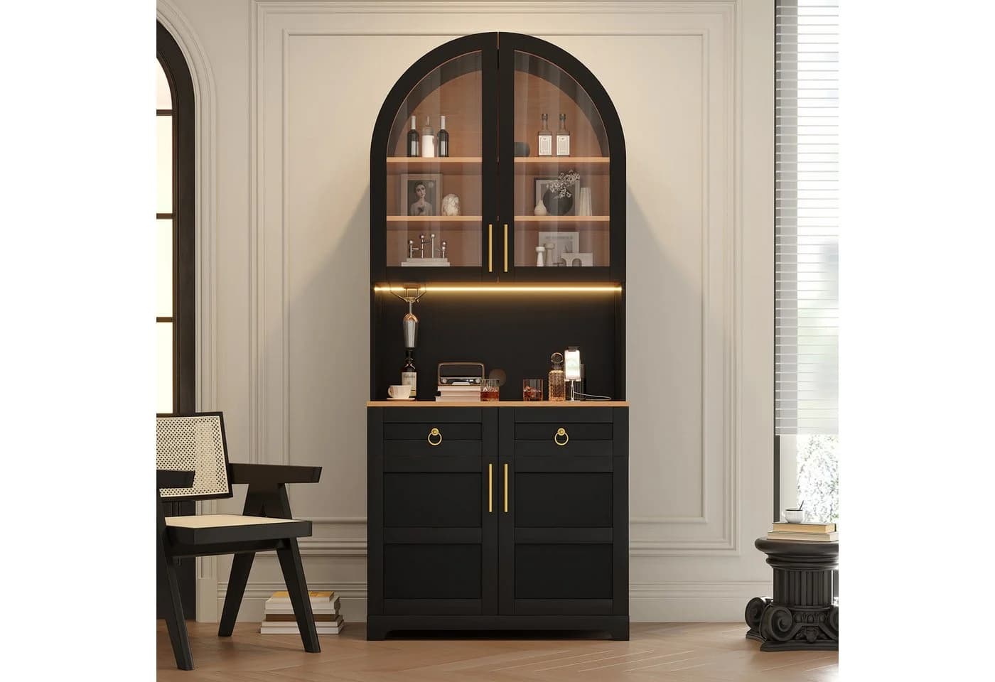 Merax Hochschrank mit LED, USB & Steckdose, Bogen-Sideboard Schwarz - Bild 3