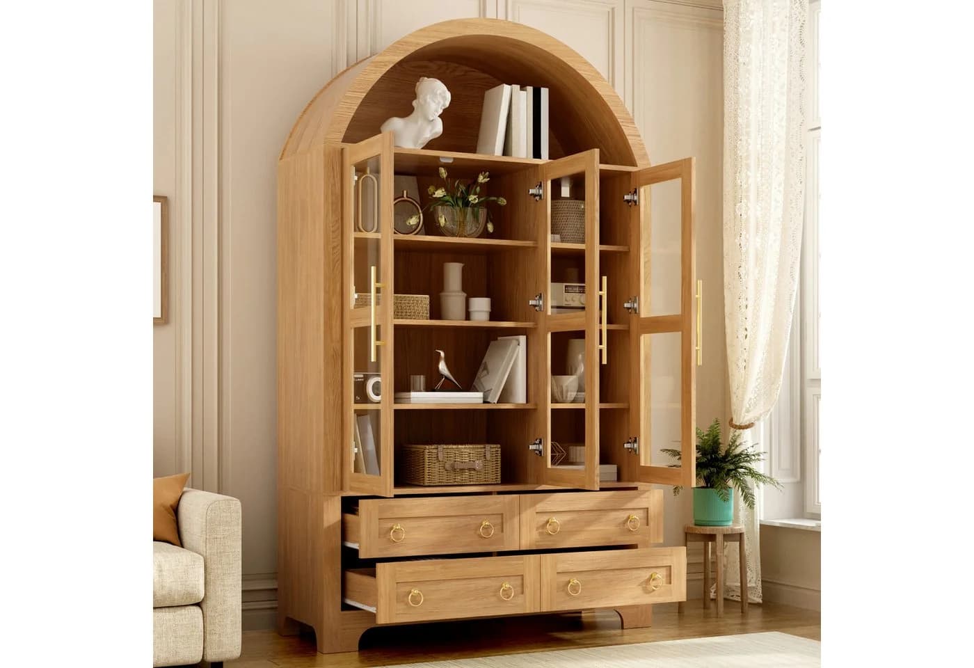 Merax Hochschrank mit 3 Glastüren, 4 Schubladen & Rundbogen-Fach