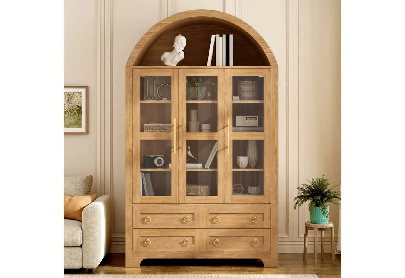 Merax Hochschrank mit 3 Glastüren, 4 Schubladen & Rundbogen-Fach - Bild 3