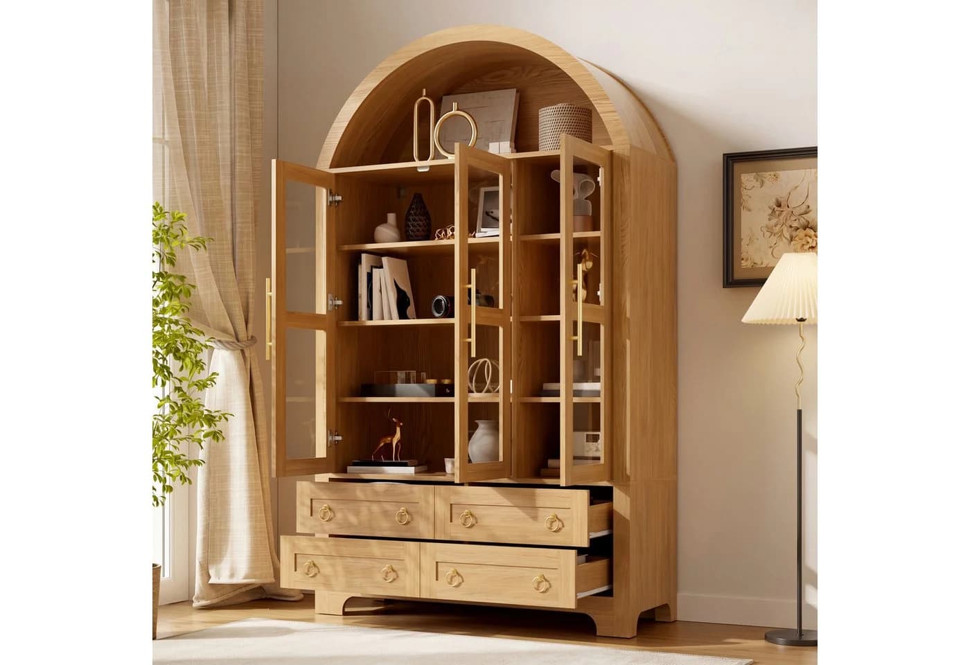 Merax Hochschrank mit 3 Glastüren, 4 Schubladen & Rundbogen-Fach - Bild 4