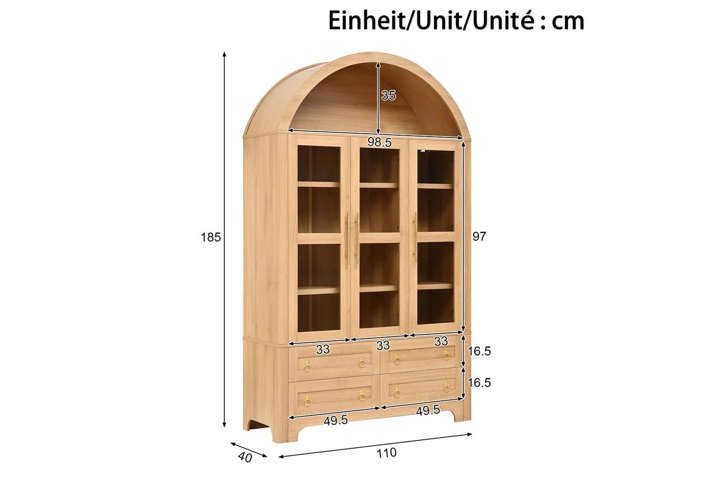 Merax Hochschrank mit 3 Glastüren, 4 Schubladen & Rundbogen-Fach - Bild 5