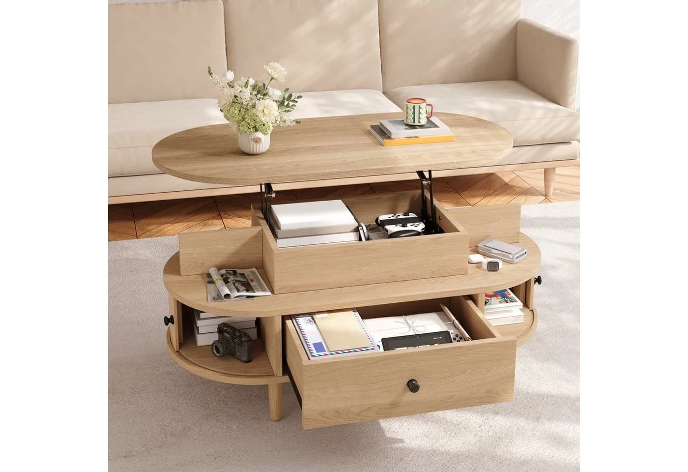 Merax Couchtisch Oval mit hydraulischer Hubplatte und Stauraum - Bild 4