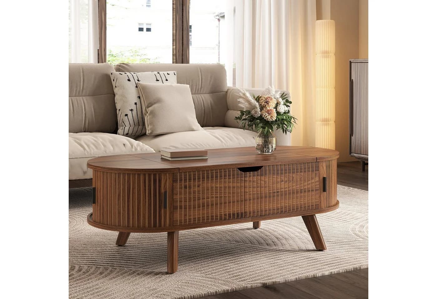 Merax Couchtisch Oval mit Hubfunktion & Stauraum Braun