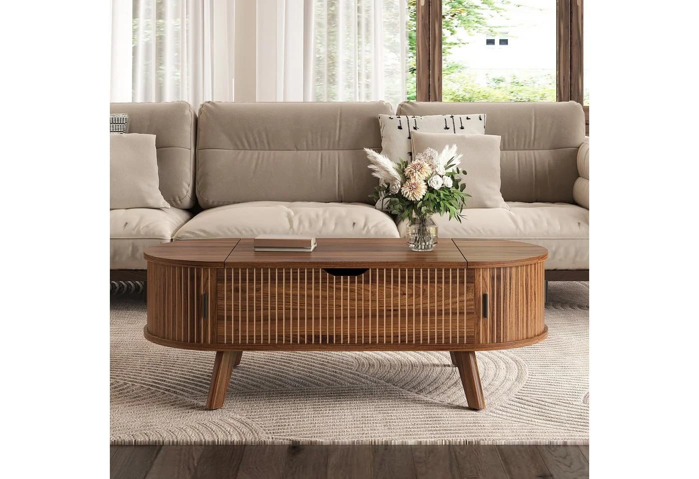 Merax Couchtisch Oval mit Hubfunktion & Stauraum Braun - Bild 3
