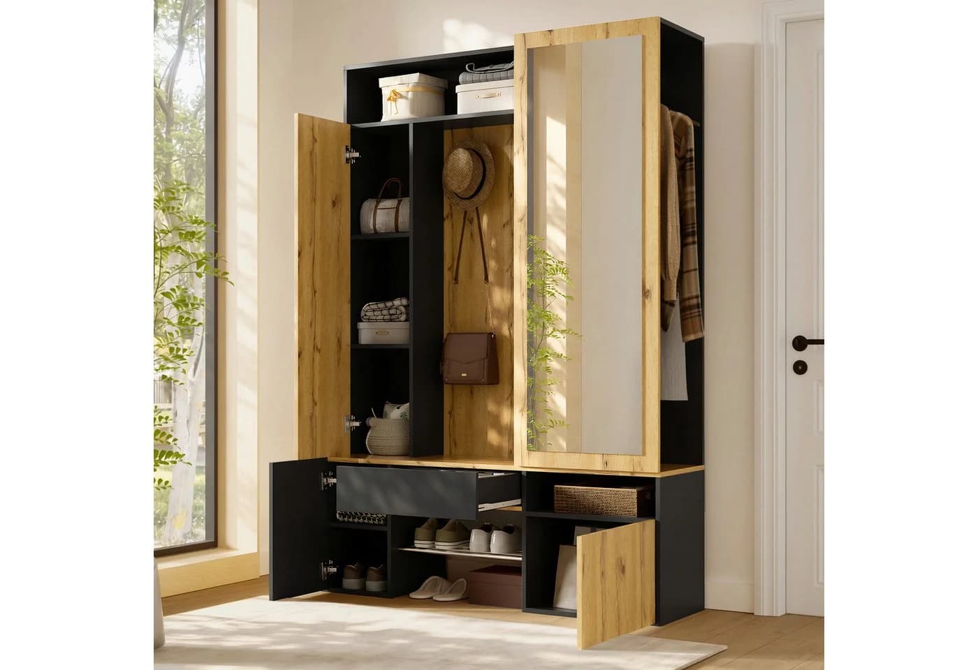 Merax Garderobenschrank mit Ganzkörperspiegel und Stauraum Weiß/Schwarz/Natur - Bild 4
