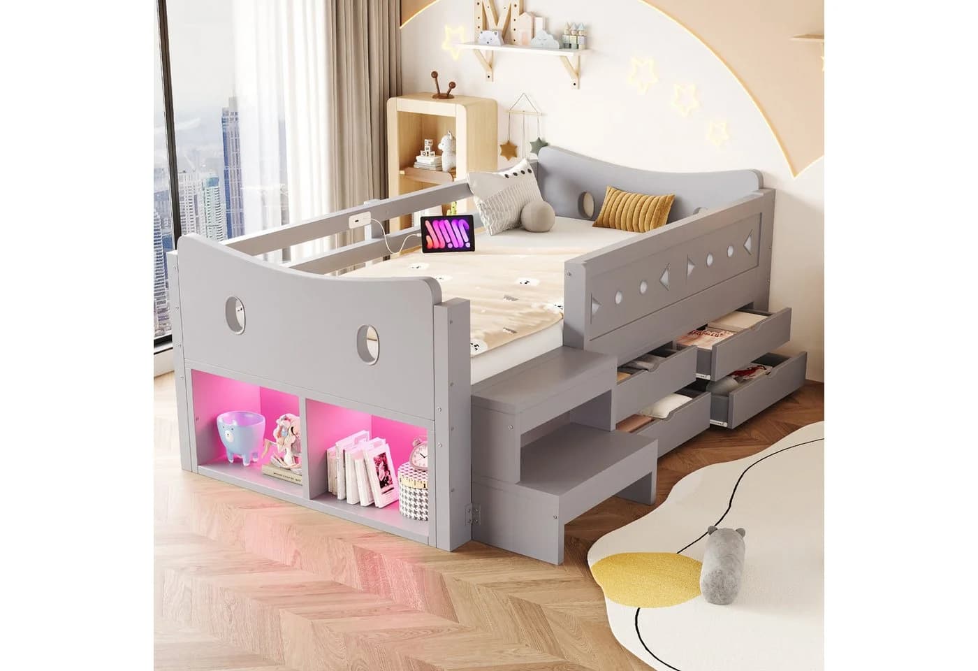 Merax Kinderbett 90x200cm mit LED, USB & Stauraum Grau/Weiß - Bild 2