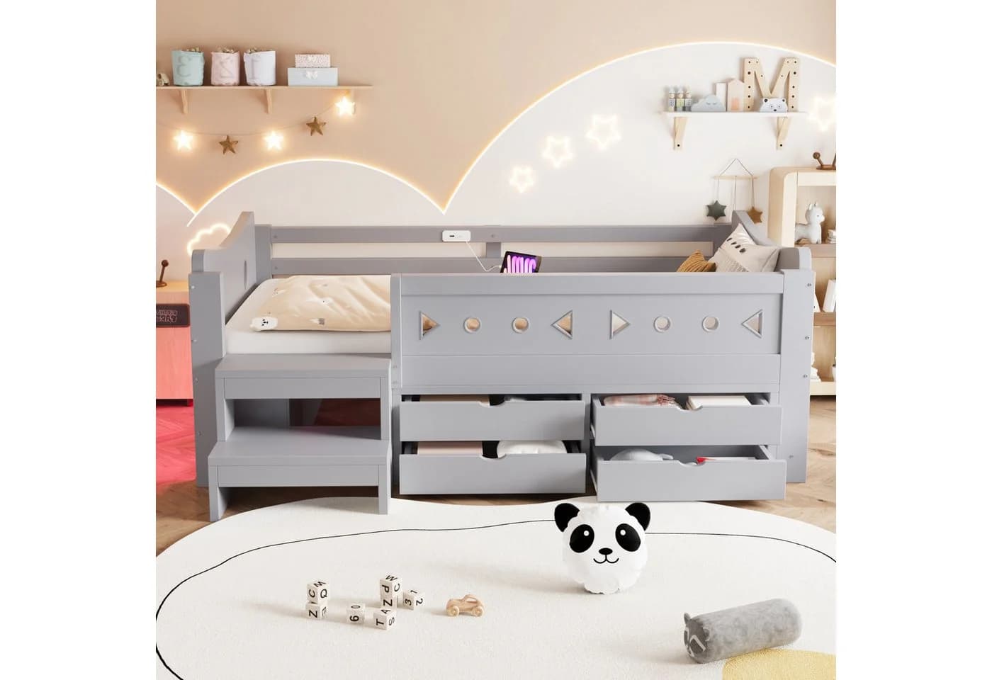 Merax Kinderbett 90x200cm mit LED, USB & Stauraum Grau/Weiß - Bild 3