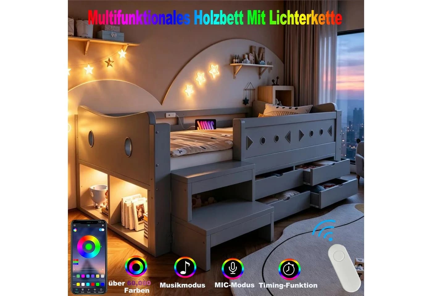 Merax Kinderbett 90x200cm mit LED, USB & Stauraum Grau/Weiß - Bild 4