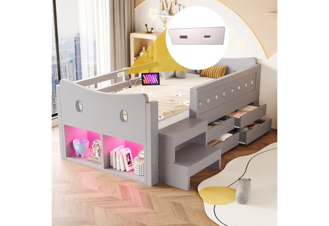 Merax Kinderbett 90x200cm mit LED, USB & Stauraum Grau/Weiß - Bild 5