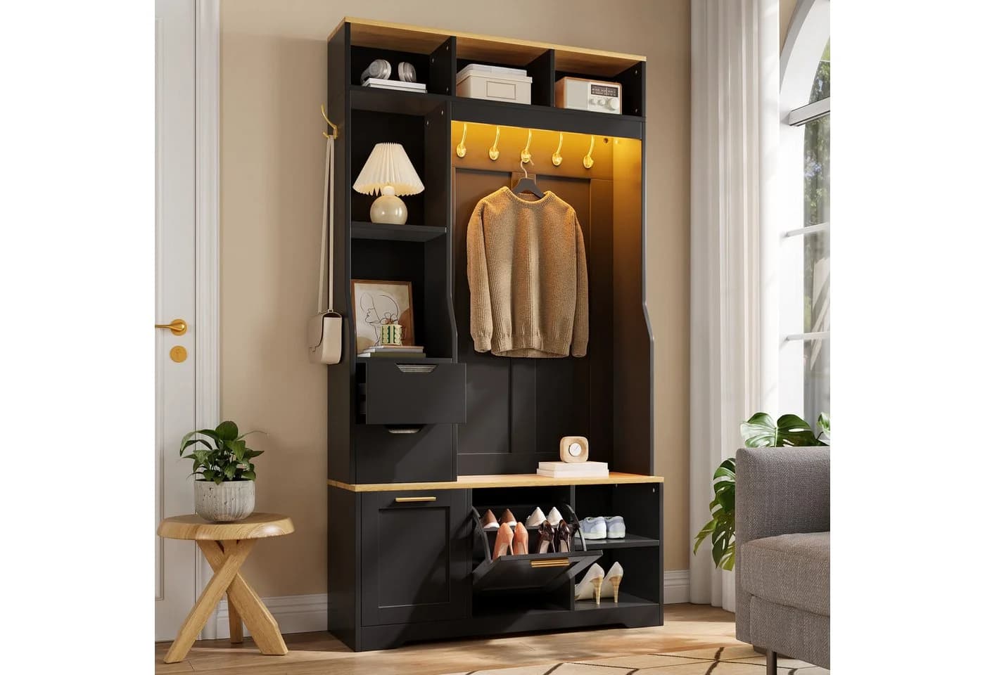 Merax Flurgarderobe mit LED, Sitzbank & Stauraum Weiß/Schwarz