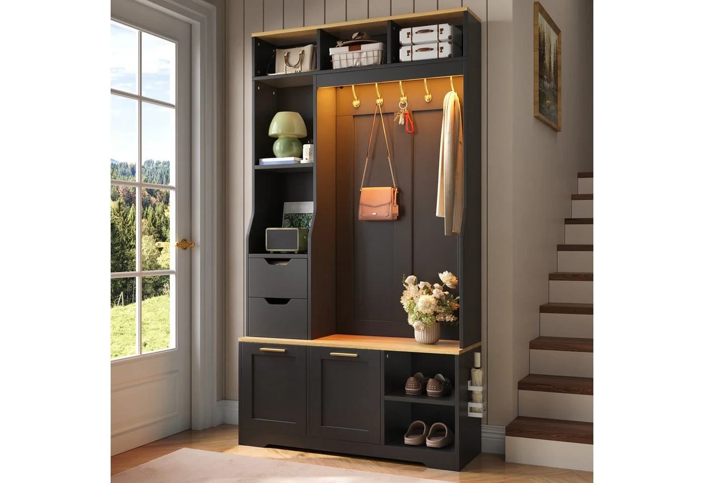 Merax Flurgarderobe mit LED, Sitzbank & Stauraum Weiß/Schwarz - Bild 2