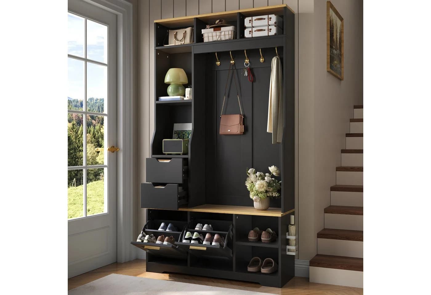 Merax Flurgarderobe mit LED, Sitzbank & Stauraum Weiß/Schwarz - Bild 4