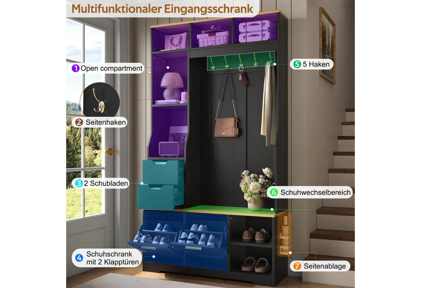 Merax Flurgarderobe mit LED, Sitzbank & Stauraum Weiß/Schwarz - Bild 5