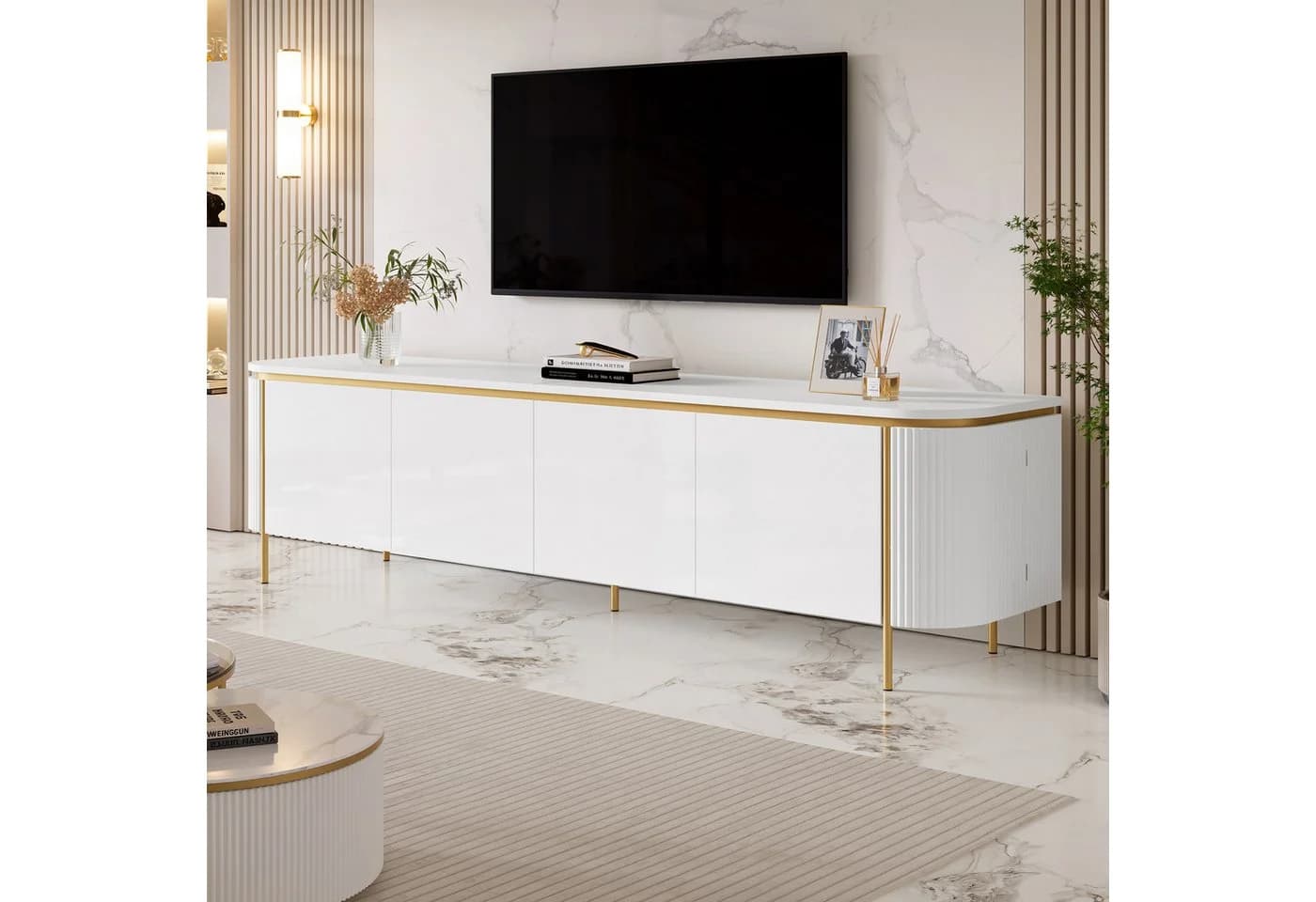 Merax TV Lowboard 180 cm Weiß Schwarz Riffeloptik Grifflose Türen - Bild 2