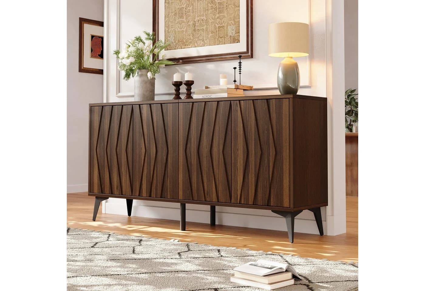 Merax Sideboard 140 cm Walnussholz Optic 4 Türen Soft-Close - Bild 2
