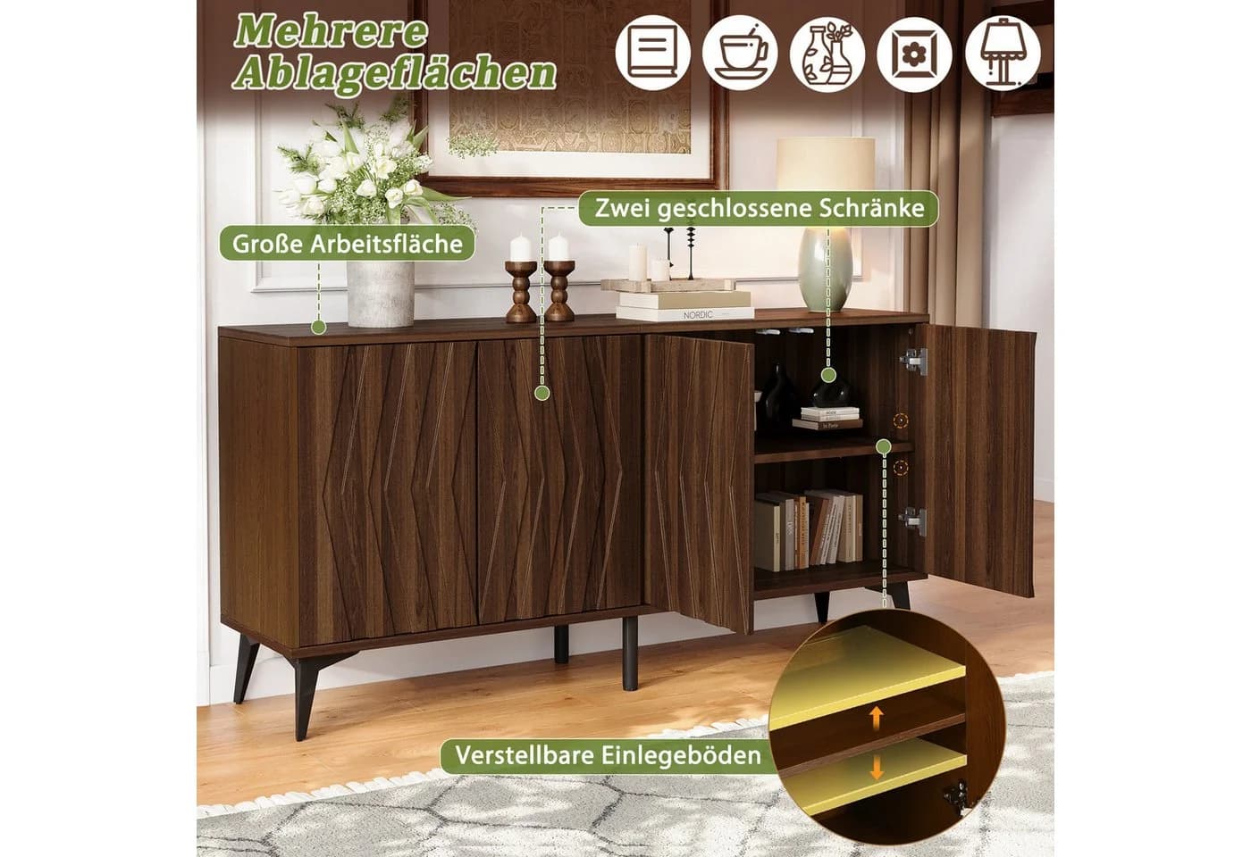 Merax Sideboard 140 cm Walnussholz Optic 4 Türen Soft-Close - Bild 4