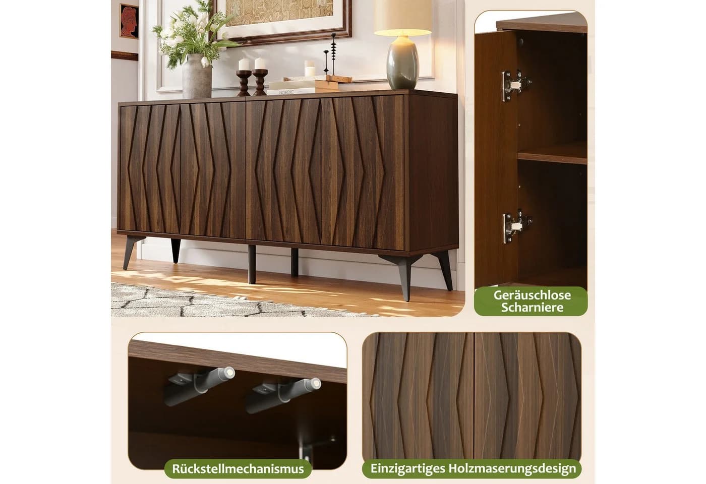 Merax Sideboard 140 cm Walnussholz Optic 4 Türen Soft-Close - Bild 5