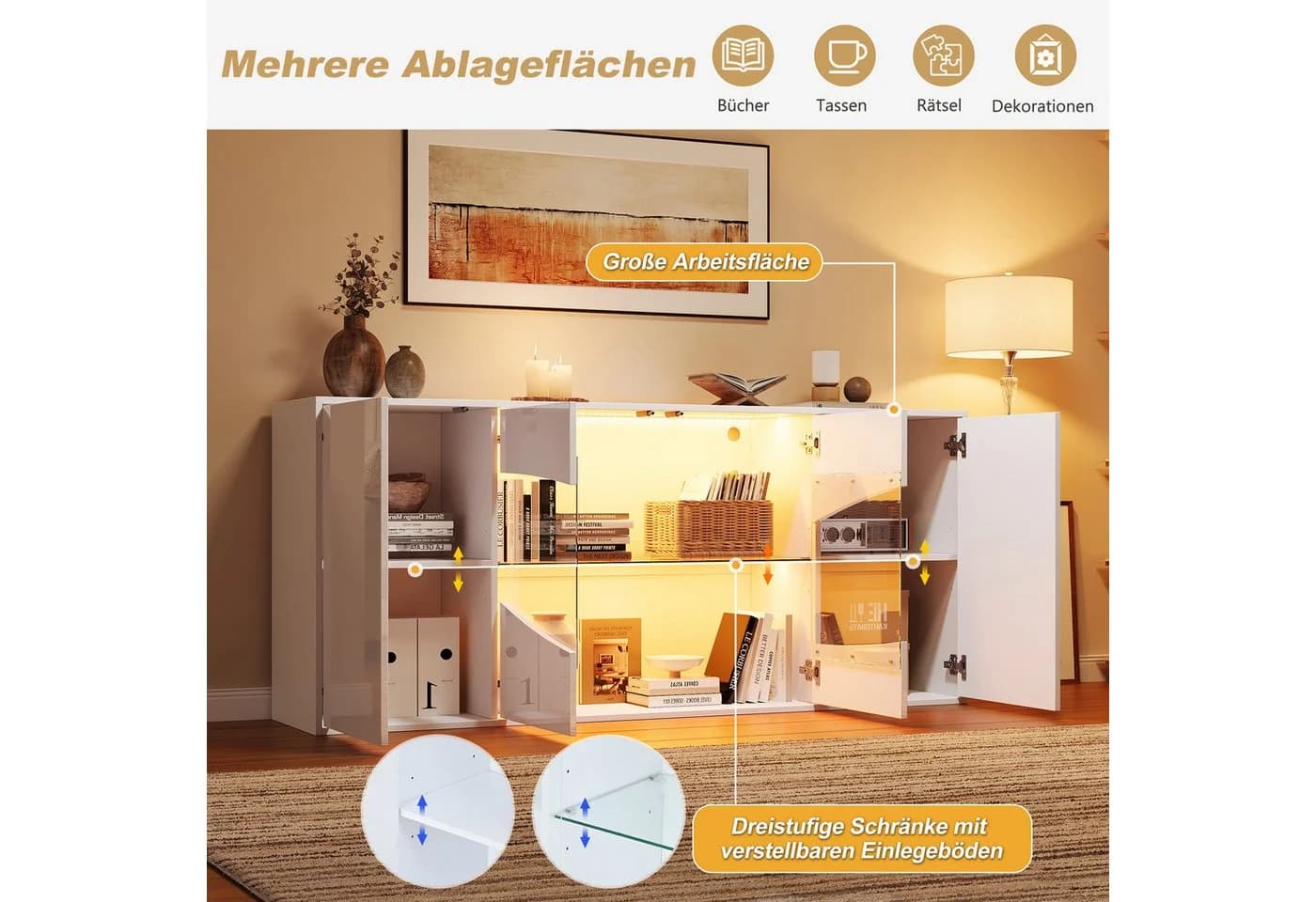 Merax Sideboard Weiß Hochglanz mit LED Beleuchtung und Push-to-Open - Bild 4