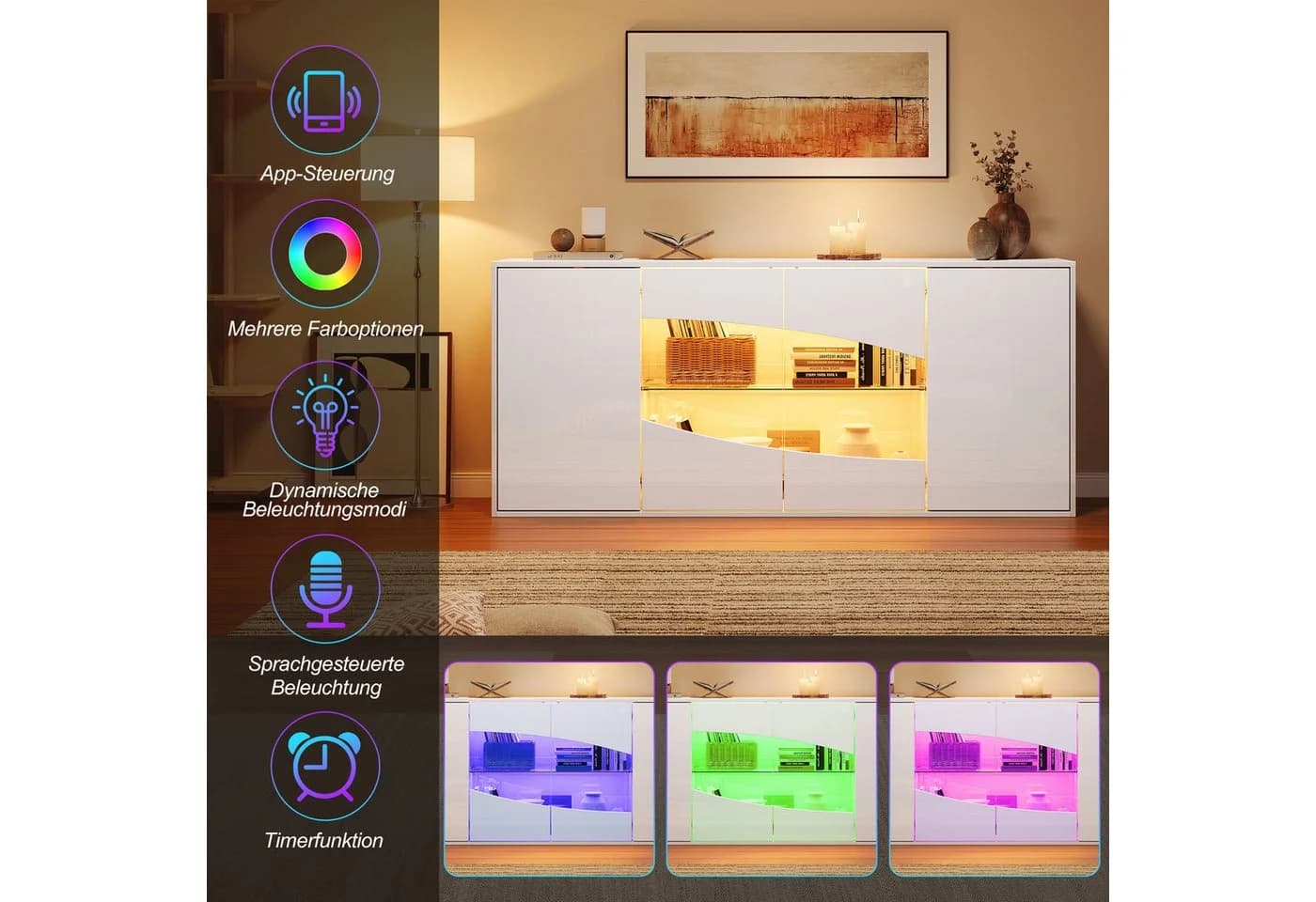 Merax Sideboard Weiß Hochglanz mit LED Beleuchtung und Push-to-Open - Bild 5
