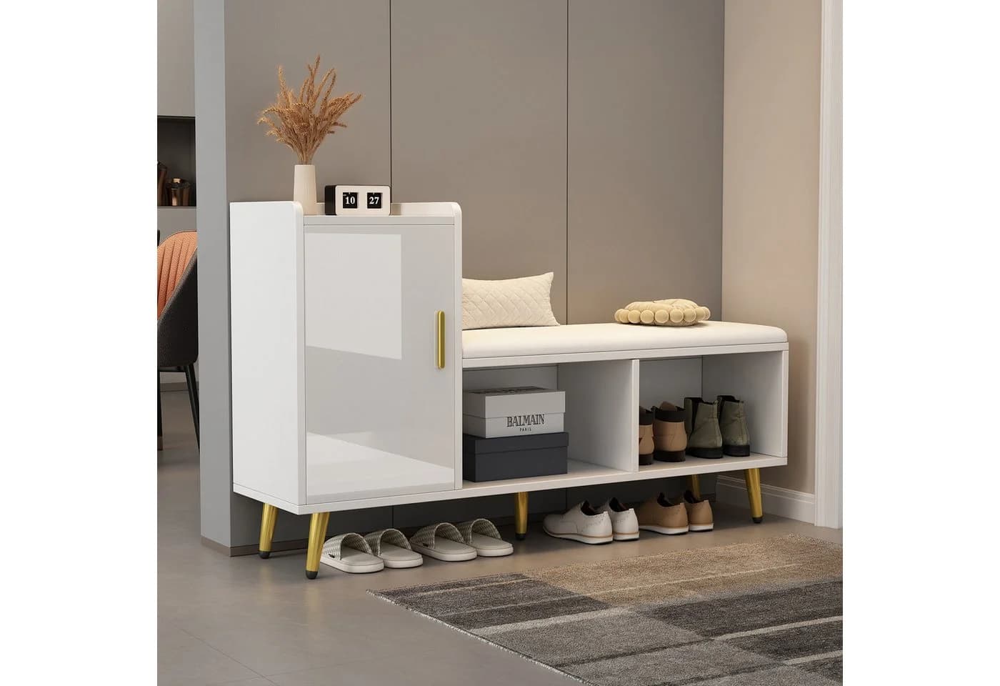 Merax Schuhschrank mit Sitzbank Weiß Gold Hochglanz - Bild 3