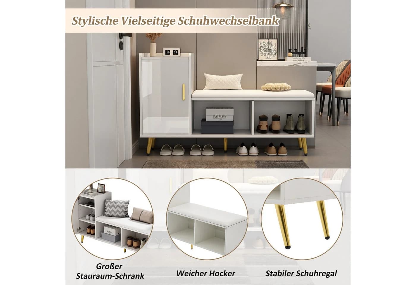 Merax Schuhschrank mit Sitzbank Weiß Gold Hochglanz - Bild 4