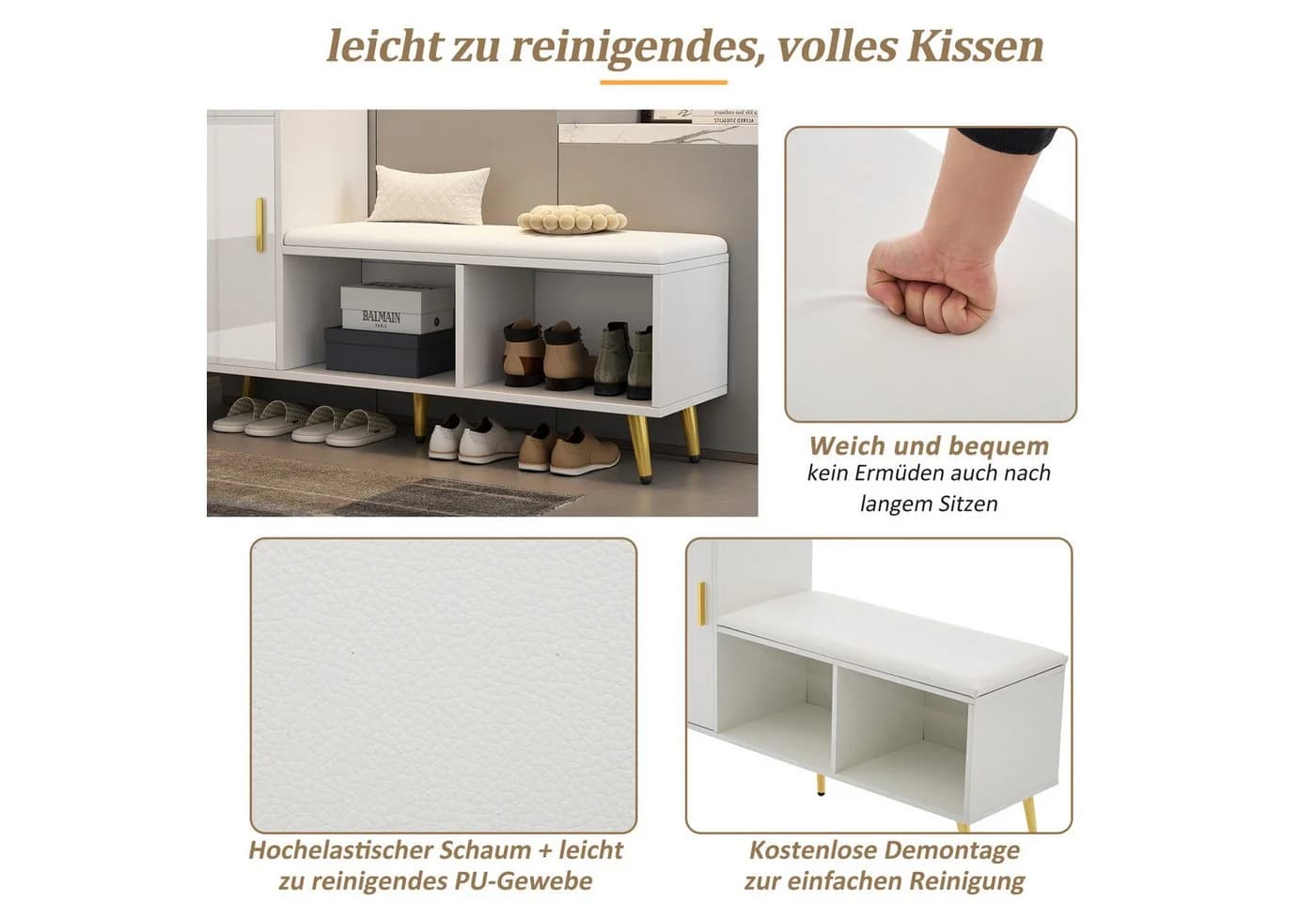 Merax Schuhschrank mit Sitzbank Weiß Gold Hochglanz - Bild 5