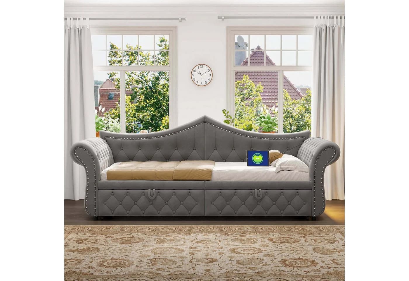 Merax Daybett 90x200cm/180x200cm Samt Grau Beige LED USB