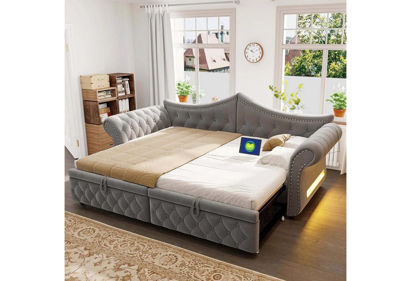 Merax Daybett 90x200cm/180x200cm Samt Grau Beige LED USB - Bild 2