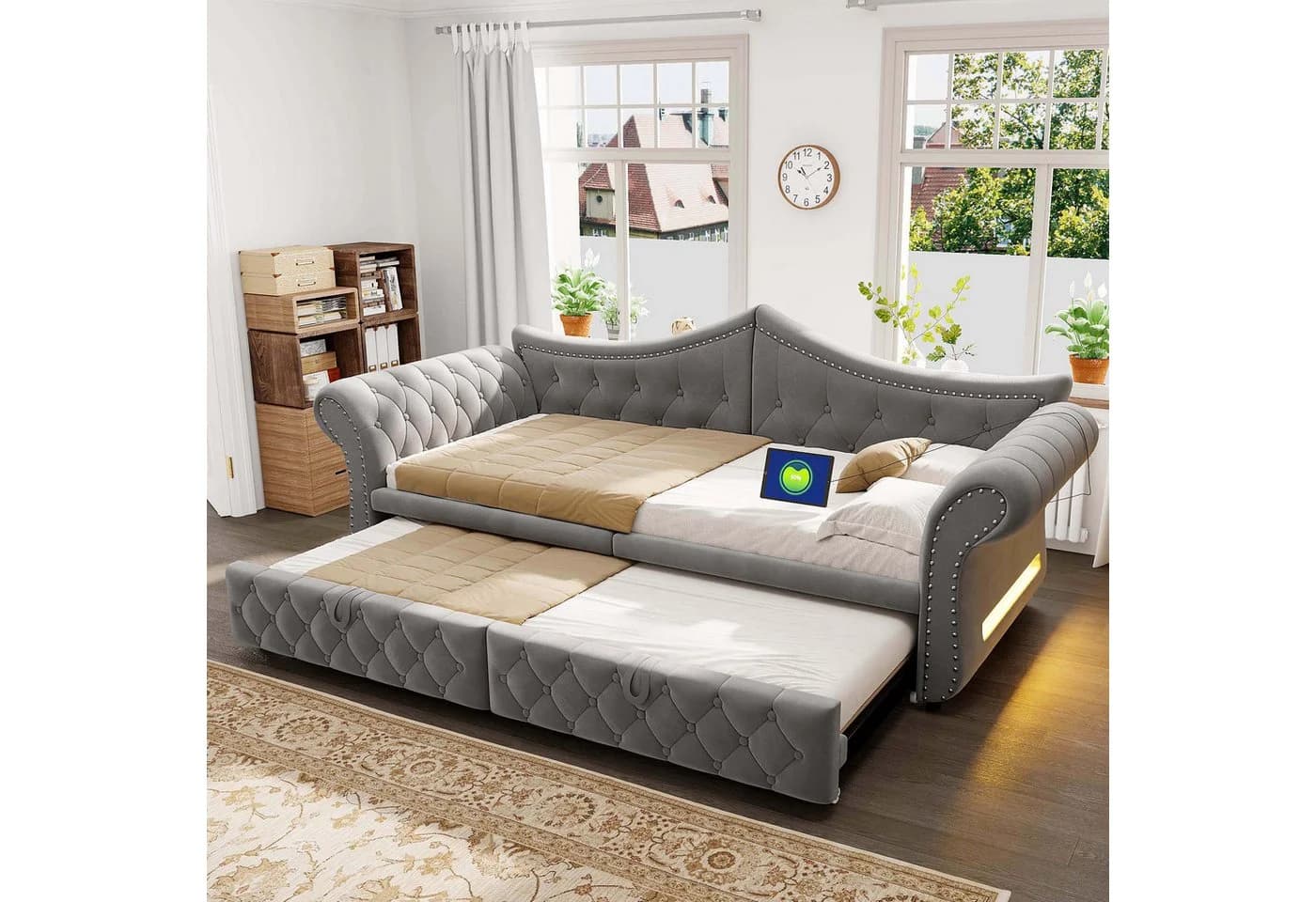 Merax Daybett 90x200cm/180x200cm Samt Grau Beige LED USB - Bild 3