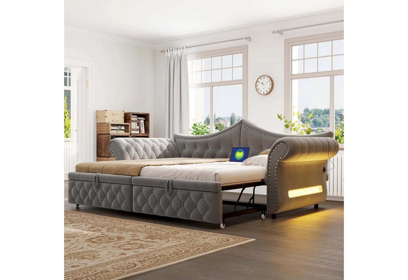 Merax Daybett 90x200cm/180x200cm Samt Grau Beige LED USB - Bild 4