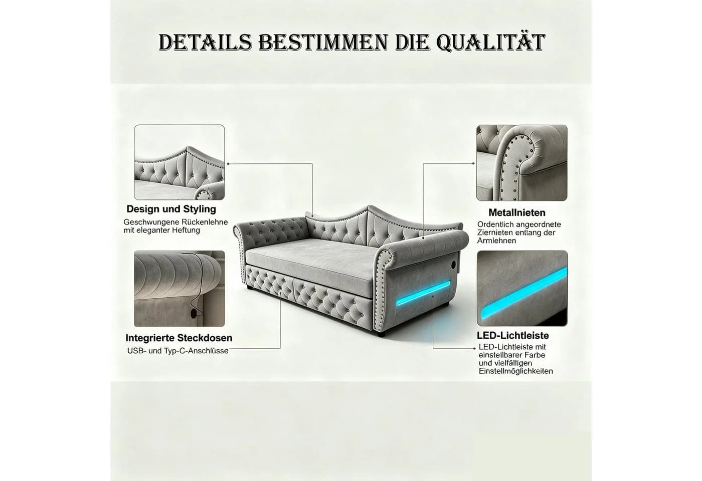Merax Daybett 90x200cm/180x200cm Samt Grau Beige LED USB - Bild 5