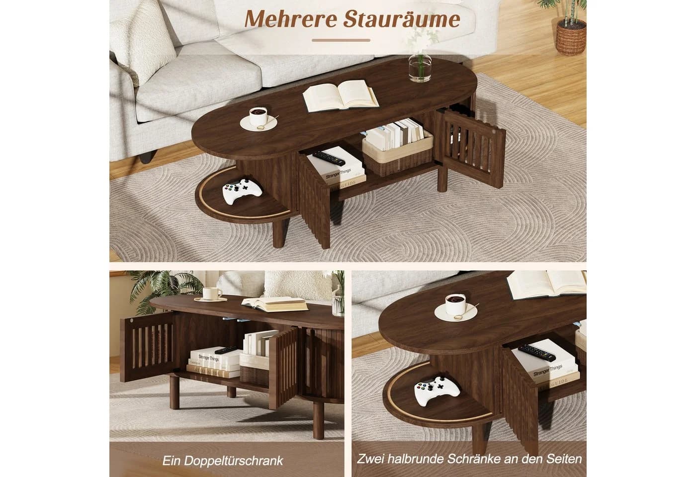 Merax Couchtisch Oval Nussbaumholzoptik mit Stauraum - Bild 5